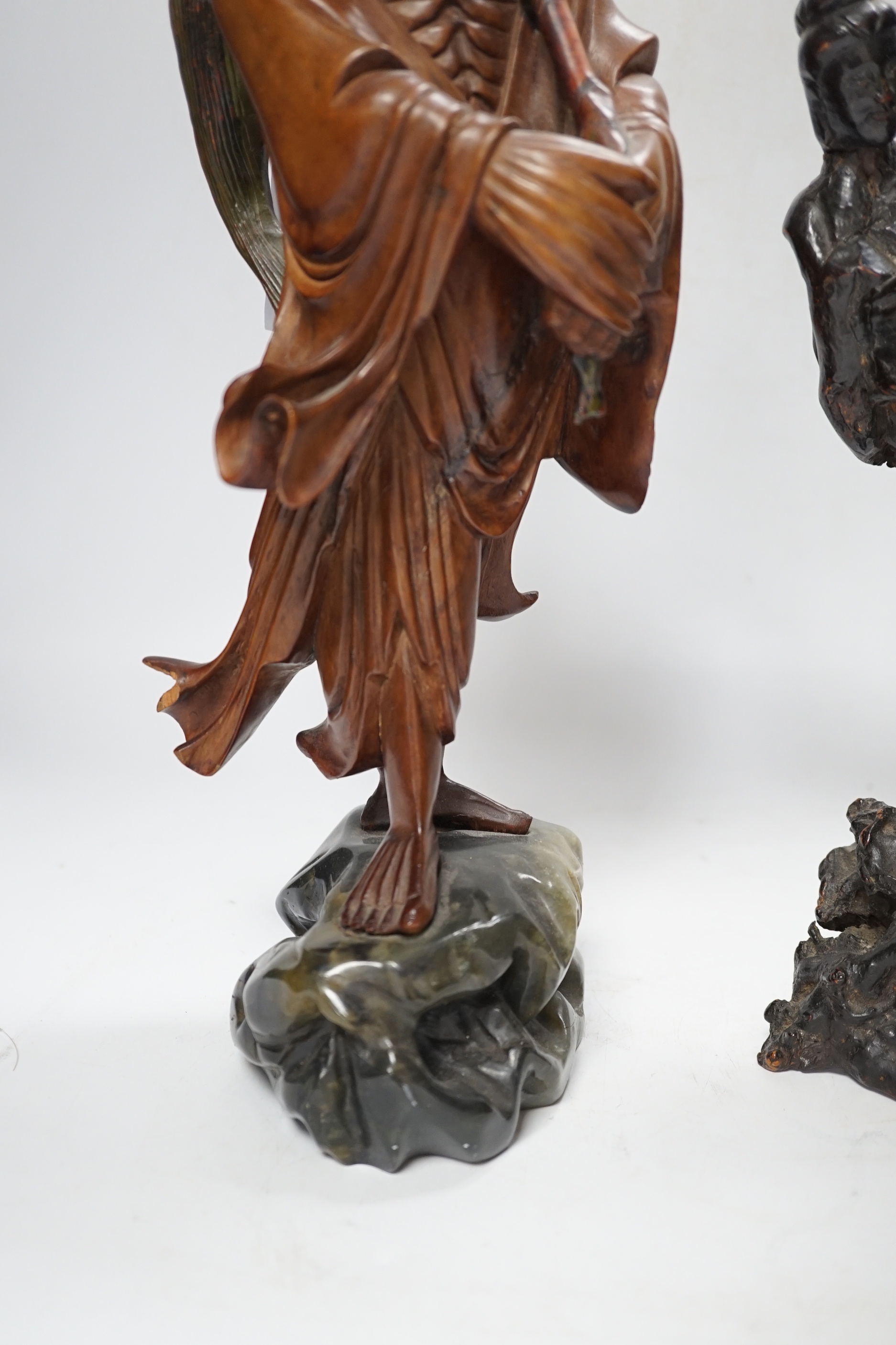 A Chinese root wood carving of two females, 42cm, and an early 20th century Chinese root carving of an immortal, on soapstone base, 36cm tall